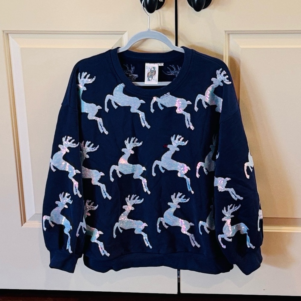 Queen of Sparkles Navy Sweatshirt with Sequin Reindeer and Rudolph New Listing - Picture 3 of 10